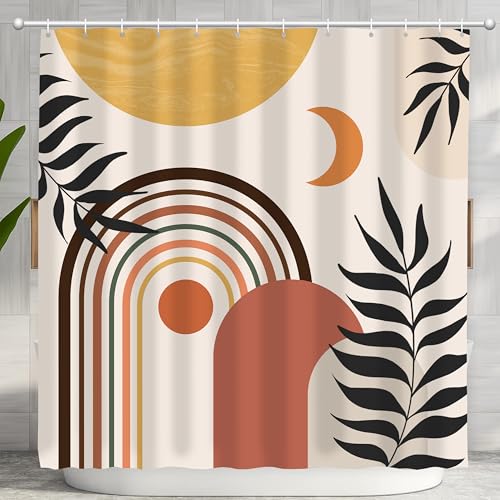 Mid Century Abstract Boho Aesthetic Shower Curtain Set, Green Nature Leaf Sun Modern Minimalist Home Bathroom Curtain Decor with 12 Hooks 72 Inch Wide * 72 Inch High - color: Yellow, size: 72"W x 72"L (Pack of 1)