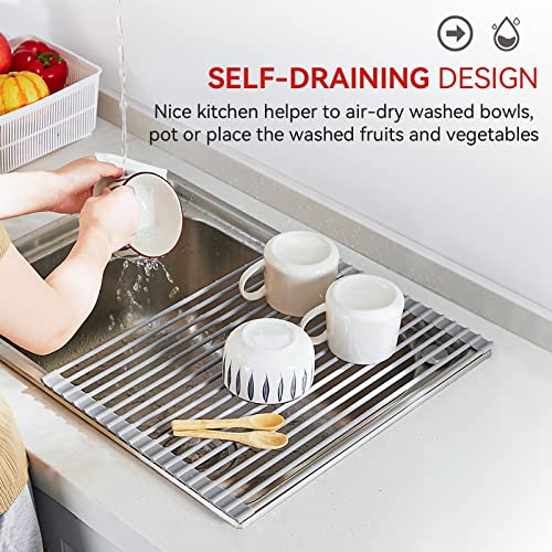 MERRYBOX Roll Up Dish Drying Rack, Over The Sink Dish Rack Foldable, Heat-Resistant, Anti-Slip Silicone Coated Dish Drainer for Kitchen Counter, Large & Multipurpose Sink Drying Rack, 20.5" x 13.1" - color: Rectangle-grey, size: Rectangle: 20.5" x 13.1"