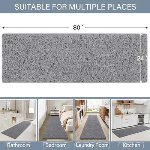LOCHAS Luxury Bathroom Rug Shaggy Bath Mat 24 x 80 Inch, Washable Non Slip Bath Rugs for Bathroom Shower, Soft Plush Chenille Absorbent Carpets Mats, Grey - color: Grey, size: 2' X 6'8" (24''x80'')
