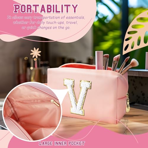 Personalized Initial Makeup Bag with Handle, Preppy Cosmetic Bag with Inner Zipper Pocket, 8 9 10 11 12 13 14 Years Old Girl, Graduation Gifts for Teen Girls Women Teachers (V, Pink) - color: Pink, style: V