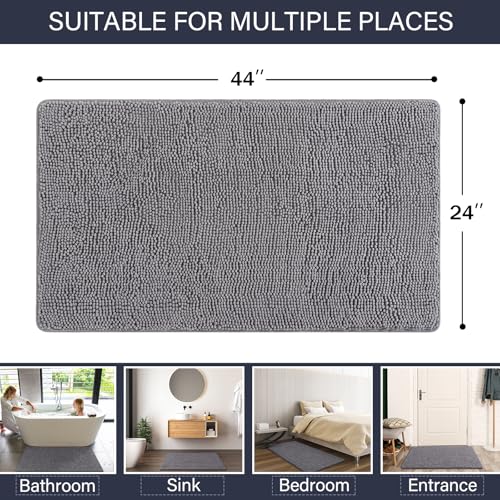 LOCHAS Luxury Bathroom Rug Shaggy Bath Mat 24 x 44 Inch, Washable Non Slip Bath Rugs for Bathroom Shower, Soft Plush Chenille Absorbent Carpets Mats, Gray - color: Grey, size: 2' X 3'8" (24''x44'')