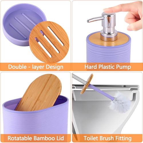 Bathroom Accessory Set,10 PCS Purple Bathroom Set with Trash Can,Toothbrush Holder,Soap Dispenser,Toothbrush Cup,Vanity Tray,Soap Dish,Toilet Brush,Qtip Holders - color: Purple