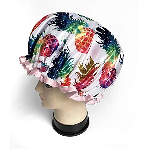 WIRESTER Elastic Reusable Bathing Hair Cap, Waterproof Shower Cap, Fashion Bath Cap for Women Girls - Colorful Pineapples
