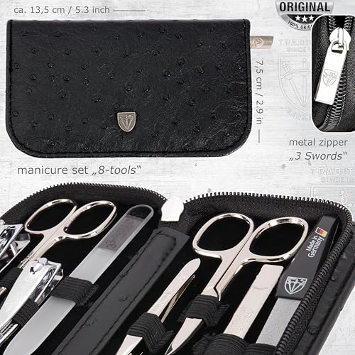 3 Swords Germany - brand quality 8 piece manicure pedicure grooming kit set for professional finger & toe nail care scissors clipper fashion leather case in gift box, Made in Solingen Germany (22009) - color: BLACK - OSTRICH