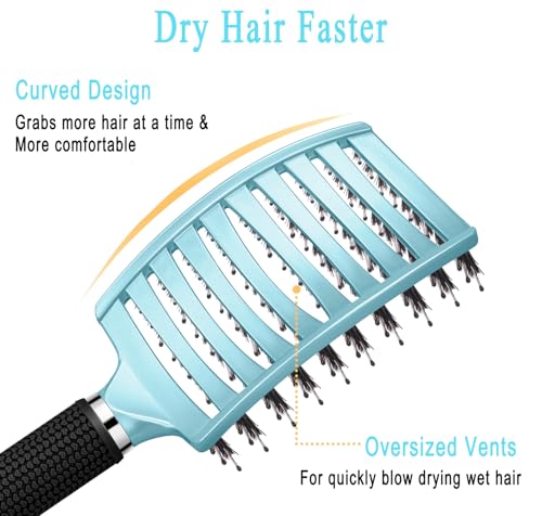 KTKUDY Detangling Brush Boar Bristles Hairbrush Make Hair Shiny & Healthier Curved and Vented Detangler Brush for Women Men Kids Wet and Dry Hair (light Blue) - color: light blue