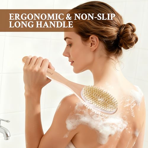 Double-Sided Body Brush, Long-Handled Bath Brush Set, Dry/Wet Dual-Use Exfoliating Wooden Cleansing Brush, Unisex Cleansing Scrub Brush, 2 Pack - size: Double-sided