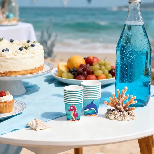 WRAPAHOLIC 3oz Paper Cups - 100 Pack Disposable Bathroom Cups with Seahorse, Dolphin, Starfish and Octopus Design, Small Mouthwash Cup for Toothbrush Rinse, Home Bathroom, Picnic, BBQ and Beach Party - color: Deep Blue Fish 4 Design