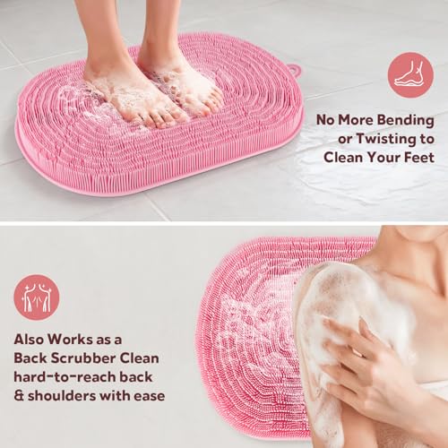 21"×14" Large Shower Foot Scrubber Mat, Silicone Feet/Back Exfoliating Cleaner with Suction Cups, Foot Massage Bath Pad for Dead Skin Removal, No Bending Over Soft Bristle Bath Mat - size: 21"×14"