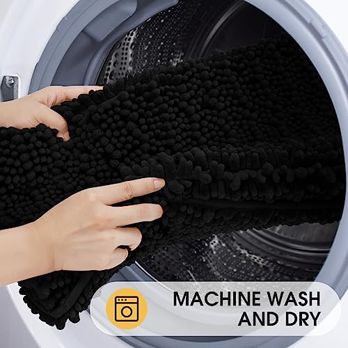 ACCUMTEK Upgrade Luxury 2 Piece Black Toilet Bathroom Rug Mat 48"x20"+24"x17", Ultra Soft Thick Absorbent Bath Mats, Non Slip Chenille Toilet Mat for Bathroom, Bedroom, Kitchen, Shower, Tub - color: Black, size: 24" X 17" plus 20" X 48"
