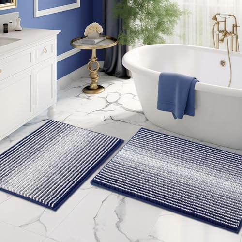 BSICPRO Bathroom Rugs and Mats Sets, 2 Piece Thick Absorbent Chenille Bath Mat Rug Set Non Slip, Soft Shaggy Bath Room Floor Mats for Bathroom, Machine Washable (20" x 32" Plus 16" x 24", Navy) - color: Navy, size: 20" x 32" Plus 16" x 24"