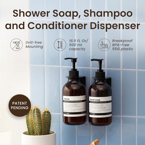 Shampoo and Conditioner Dispenser Wall Mounted Set of 2 Amber Black - No Drill Shower Soap Dispenser for Bathroom Refillable - Spa Hotel Style Accessories by MaisoNovo - color: Amber Classic Set of 2