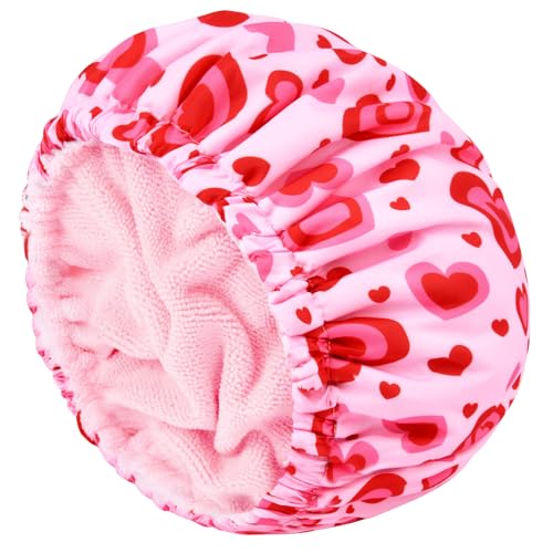 Shower Cap for Women Terry Lined Bath Cap Large Reusable Waterproof Elastic Band Pink Love Shower Caps for Long Thick Hair Soft Bath Shower Hair Caps - color: Pink Cute Hearts