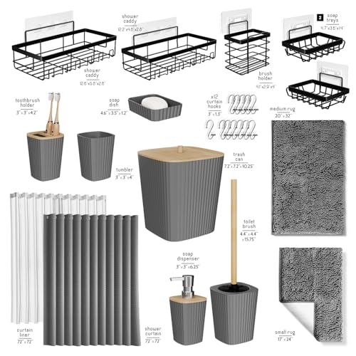 Clara Clark Bathroom Accessories Set - 27PC Bathroom Set with Adhesive Corner Shower Caddy Hanging, Bathroom Sets with Shower Curtain and Rugs, Grey Shower Curtain Set with Bathroom Trash Can - color: Grey, size: Complete Set + Bath Rug + Shower Caddy