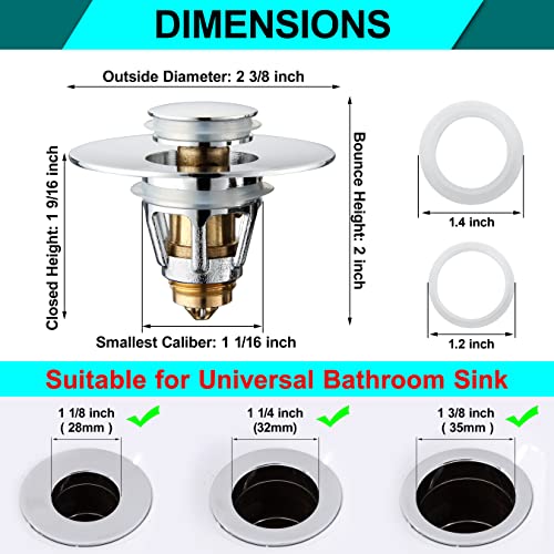 Universal Bathroom Sink Stopper - Stainless Steel Bounce Drain Filter, Pop Up Drain Stopper, Bullet Core Push Type Sink Stopper for Wash Basin, Sink Drain Plug with Anti-Clogging Strainer, Chrome - color: Chrome, style: Small Cover