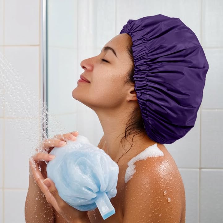 Edoneery Reusable Shower Caps for Women, Waterproof Long Hair Bonnet | Washable Design, Wide Elastic Band, Large Fit, Holds Long Hair, Braids Friendly, Bath Accessories, Spa, Travel - color: Dark Purple