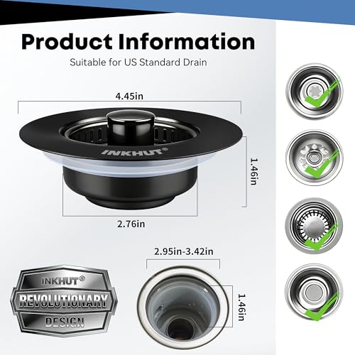 Upgraded 3 in 1 Kitchen Sink Drain Strainer - Stainless Steel Sink Stopper, Anti-Clogging Food Catcher Basket, Sink Bounce Core Drain Strainer Plug for US Standard 3 1/2 inch Drain (Black) - color: Black