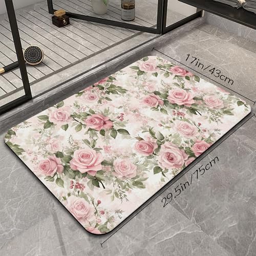 Shabby Chic Flower Bathroom Rug, Rapid Dry Absorbent with Non-Slip Rubber Base Bath Mats for Bathroom 17"x30" - color: Shabby Chic Flower