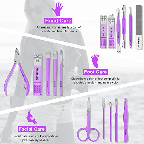 Manicure Set Professional Nail Clippers Pedicure Kit, 16 pcs Stainless Steel Nail Care Tools Grooming Kit with Luxurious Travel Leather Case for Thick Nails Men Women Gift - color: Violet