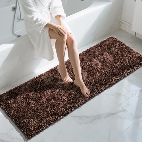 Yimobra Long Bathroom Rugs Runner 70x24 Inch, Extra Thick Soft Absorbent Chenille Bath Mat, Non Slip Machine Washable, Quick Dry Bath Rugs for Bathroom Floor, Tub and Shower, Brown - color: Brown, size: 70" X 24"