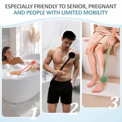 Silicone Back/Face Scrubber & Soft Bath Glove 3PCS, 16''- 24'' Extendable Shower Back Scrubber, 360° Anti-Slip & Hand-fit Silicone Bath Glove, Manual Face Brush for All-Round Cleaning(Black) - color: Black*3