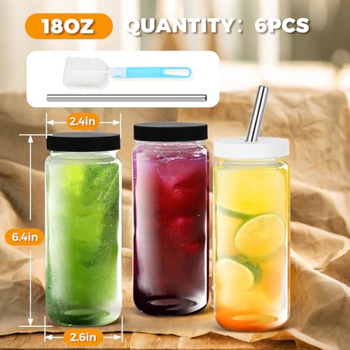 Jarsoph 18oz 6pcs Glass Juice Bottles with Lid, Water Containers with Caps | Reusable Tall Mason Jar for Drinking, Smoothie and Other Beverages BPA Free 100% Leak Proof Drinking - size: 18oz-Black Lid