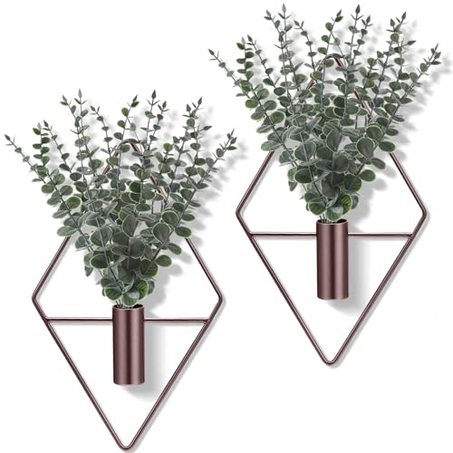 Jexine 4 Pcs Hanging Planters with Artificial Eucalyptus Metal Hanging Vase Indoor Plants Holder Modern Geometric Boho Bathroom Wall Decor for Living Room Home Office, Bronze - color: Bronze, size: Eucalyptus
