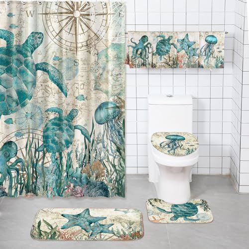 Tatuo 8 Pcs Sea Turtle Shower Curtain Set Summer Ocean Theme Bathroom Accessories Sets Decor Sea Animal Nautical Coastal Waterproof Shower Curtain with Towels Carpet Bath Mat Toilet Rugs and 12 Hooks - style: Sea Animal