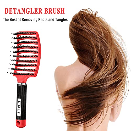 KTKUDY Detangling Brush Boar Bristles Hair Brush Make Hair Shiny & Healthier Curved and Vented Detangler Brush for Women Men Kids Wet and Dry Hair (Red) - color: Red