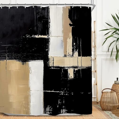 Miyotaa Abstract Black Tan Modern Shower Curtain Set 60Wx71H Inches Painting Contemporary Minimalist Brushstroke Art Neutral Waterproof Bathroom Curtain with 12 Hooks - color: Black Tan Painting, size: 60"W x 71"L (Pack of 1)