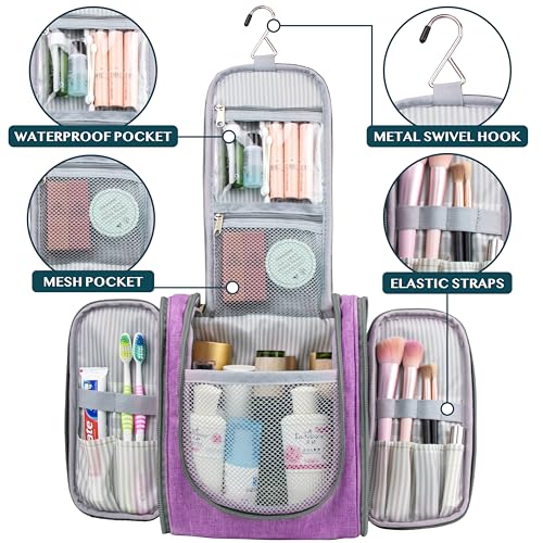 PAVILIA Toiletry Bag Travel Bag for Women Men, Hanging Cosmetic Organizer, Water Resistant Makeup Bag for Accessories Toiletries, Large Travel Essentials Kit (Purple) - color: Purple, size: Standard (9x4x9)