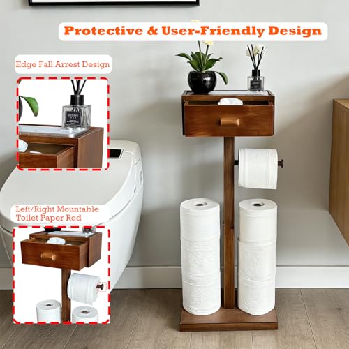 Freestanding Bathroom Toilet Paper Holder Stand with Shelf, Bamboo Toilet Paper Roll Holder with Wet Wipes Storage Drawer(Brown) - color: Brown
