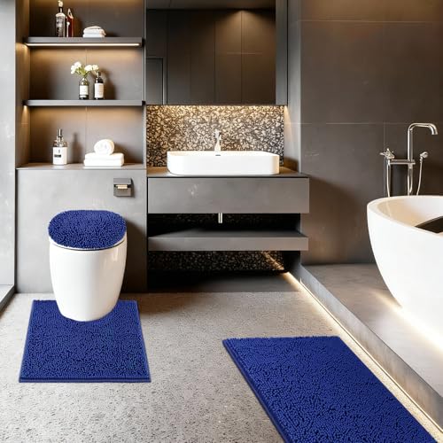 Bathroom Rugs Sets 3 Piece with Adjustable Toilet Seat Cover 19.5"x 18.5" Machine Washable Bath Rug Set with TPR Non Slip Rubber Backing Solid Bath Mat Set for Luxury Bathroom Decoration - color: Royal Blue