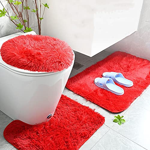 Soft Bathroom Carpet 3 Piece Bathroom Rugs and Mats Set Bath Mats Set with U-Shaped Toilet Floor Mat Rugs andToilet Lid Cover Mat (red) - color: Red