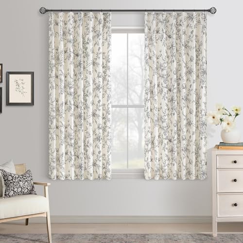 TWODRAPES Black Floral Linen Kitchen Curtains 63 Inch Length 2 Panels Country Boho Semi Sheer Pleated Sketch Printed Patterned Drapes for Dining Room Bedroom Back Tab Botanical Window Drape 40x63 - color: Black, size: 40"W x 63"L (Pack of 2)