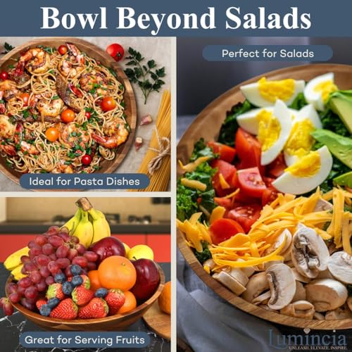 Premium Acacia Wood Salad Bowl Set – 12.5” Large Wooden Serving Bowl with Servers & Base Plate, 5-Piece Set