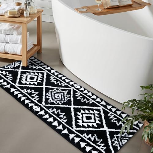 Uphome Black Long Bathroom Rug Boho Tribal Bathroom Runner Western Non-Slip Washable Bath Mat Fluffy Soft Absorbent Farmhouse Aztec Floor Carpet for Kitchen Hallway Bedroom, 20x60 inch - size: 20x60 inch
