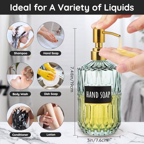 Segbeauty 15.2oz Glass Shampoo and Conditioner Dispenser with Label Stickers, 2pcs Green Glass Soap Dispensers with Stainless Steel Pump, 450ml Lotion Pump Bottle Liquid Containers for Cream Body Wash - color: Green Gold, size: 15.2oz/450ml