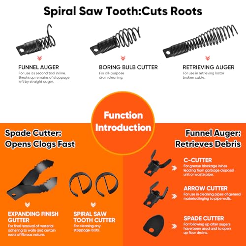 9-Piece Drain Snake Attachment for 5/16" to 3/4" Cables Heavy-Duty Manganese Steel Cutters for Roots Grease and Stubborn Clogs Includes 9 heads Storage Case and Metal Ring - style: 9-piece
