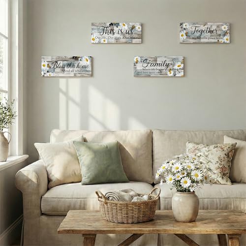 4Pcs Farmhouse Daisy Wooden Wall Art Decor for Living Room Rustic Wood Signs Set Daisy Flower Kitchen Wall Art Together Bless This Home Wooden Plaque Sign for Entryway Bedroom & Housewarming - style: Farmhouse Daisy