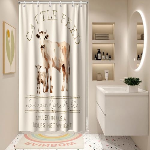 Farmhouse Abstract Animal Cattle Feed Cow Rustic Fabric Shower Curtain Sets Bathroom Decor with Grommets and Hooks - 36 W x 72 H Inch Ivory White - size: 36"W x 72"L (Pack of 1)
