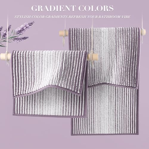BSICPRO Bathroom Rugs Sets 3 Piece, Toilet Rugs U-Shaped Contour Bath Mat Set, Long Striped Absorbent Non Slip Chenille Shower Mat, Lavender Purple - color: Lavender Purple, size: 20"x47"+16"x24"+ U Shape 20"x24"