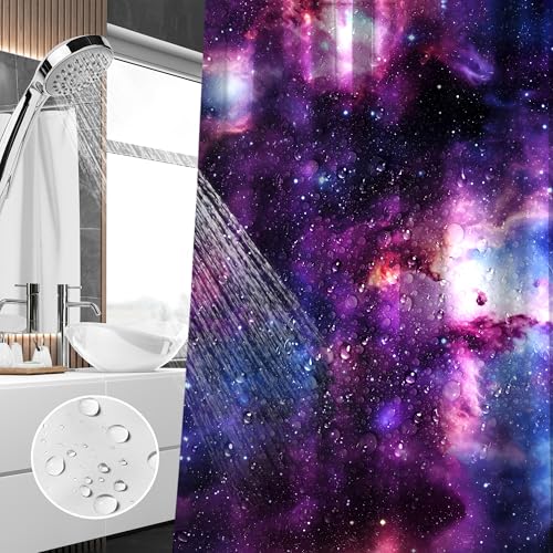 Space Galaxy Shower Curtain Bathroom Sets 4 Piece, Outer Star Themed Starry Shower Curtain Purple Trippy Universe Nebula Bath Mat with Non-Slip Rugs, Toilet Lid Cover Restroom Bathtub Home Decorations - color: Galaxy