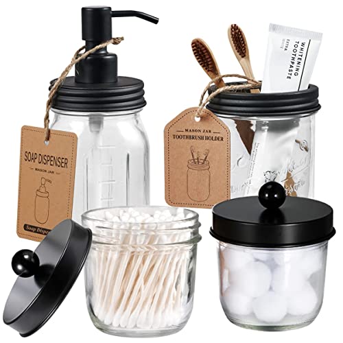 Amolliar Mason Jar Bathroom Accessories Set(4 Pcs) -Lotion Soap Dispenser &Cotton Swab Holder &Toothbrush Holder-Rustic Farmhouse Decor Apothecary Jars Vanity Organizer-Rustic Farmhouse Decor (Black) - size: Black, style: Wide-mouth