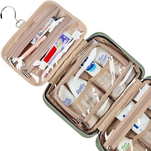 NISHEL Travel Toiletry Bag for women, Portable Hanging Organizer for Travel-Sized Shampoo, Conditioner, Brushes Set, Makeup Accessories, Medium Size, Purple, Bronze Green - color: Bronze Green, size: Medium