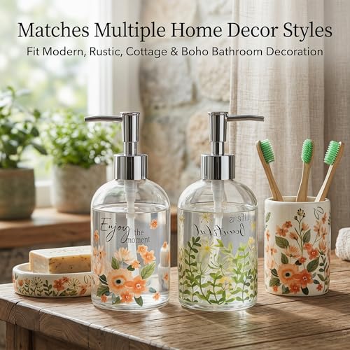 Topadorn Glass Soap Dispenser Set of 2, 17oz Refillable Hand & Dish Soap Pump Bottles, Floral & Botanical Bathroom Accessories, Decorative Kitchen Soap Dispenser Set, Cottagecore Farmhouse Decor - color: Pink and Green