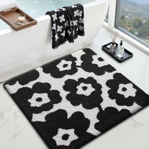 LUMI Floral Bathroom Rugs, Soft Absorbent Square Bath Mat, Non-Slip Quick Dry Luxury Rug, Flower Black White Mats for Shower Floor, Bathtub, Home Decor, Modern Aesthetic, 32"x32" - color: A-flower Black, size: 32"x32"(Square)