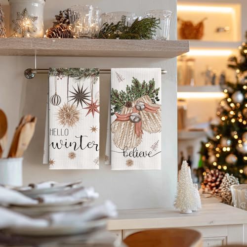 Artoid Mode Gloves Ball Xmas Tree Merry Christmas Kitchen Towels, 18x26 Inch Quick Dry Microfiber Cloth Dish Towels for Kitchen Drying Set of 4 - size: 18" x 26", Microfiber