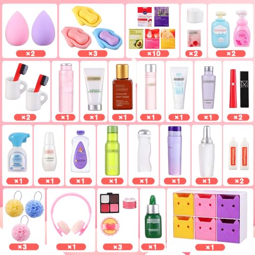 DIYDEC 92Pcs Dollhouse Mini Jewelry Storage Case Cosmetic Hand Bag Miniature Bathroom Accessories with Makeup Set Towel Cosmetic Toothbrush Shampoo Glasses Slippers Earphones Doll Backpack Micro Scene - color: Dollhouse Cosmetic Case