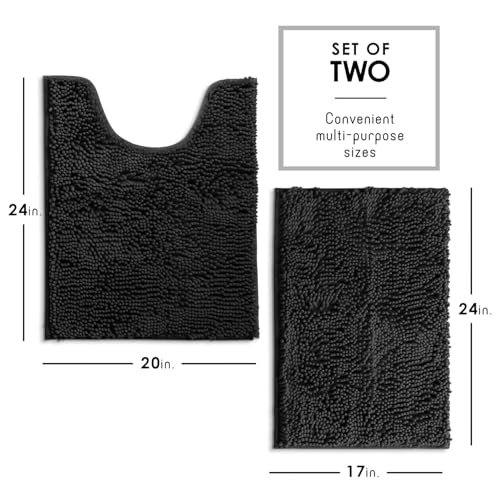 Hearth & Harbor Bathroom Rugs, Chenille Bath Mat - Machine Washable Bath Mats for Bathroom Non-Slip Backing Rubber, Quick Dry Bathroom Mat - Black 17x24-20x24 - color: Black, style: 17 x 24 + 20 x 24