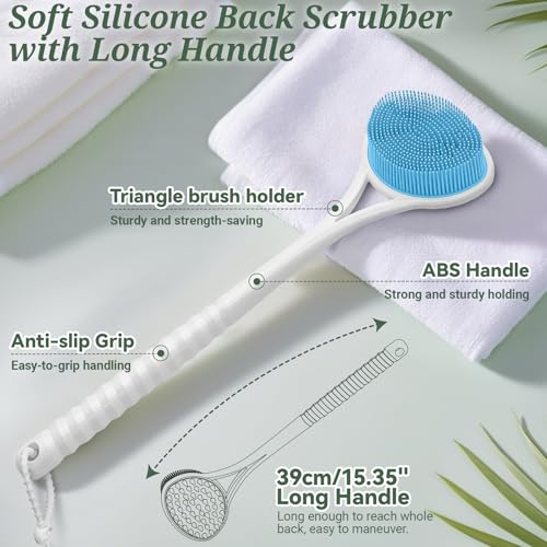 Silicone Back Body Face Scrubbers Set 4PCS, 15.35’’ Back Scrubber Soft Body Scrubber for Dual-Side Usage, Easy-to-Hold Soft Bath Glove & Face Scrubber for Good Foaming Deep Cleaning(Blue) - color: Blue*4